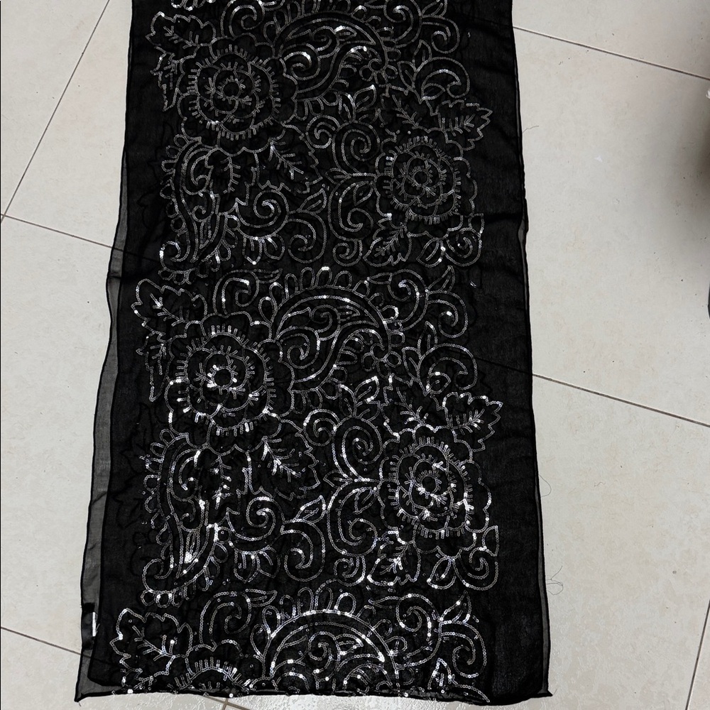 Elegant and Festive  Black Sequin Floral Wrap Scarf